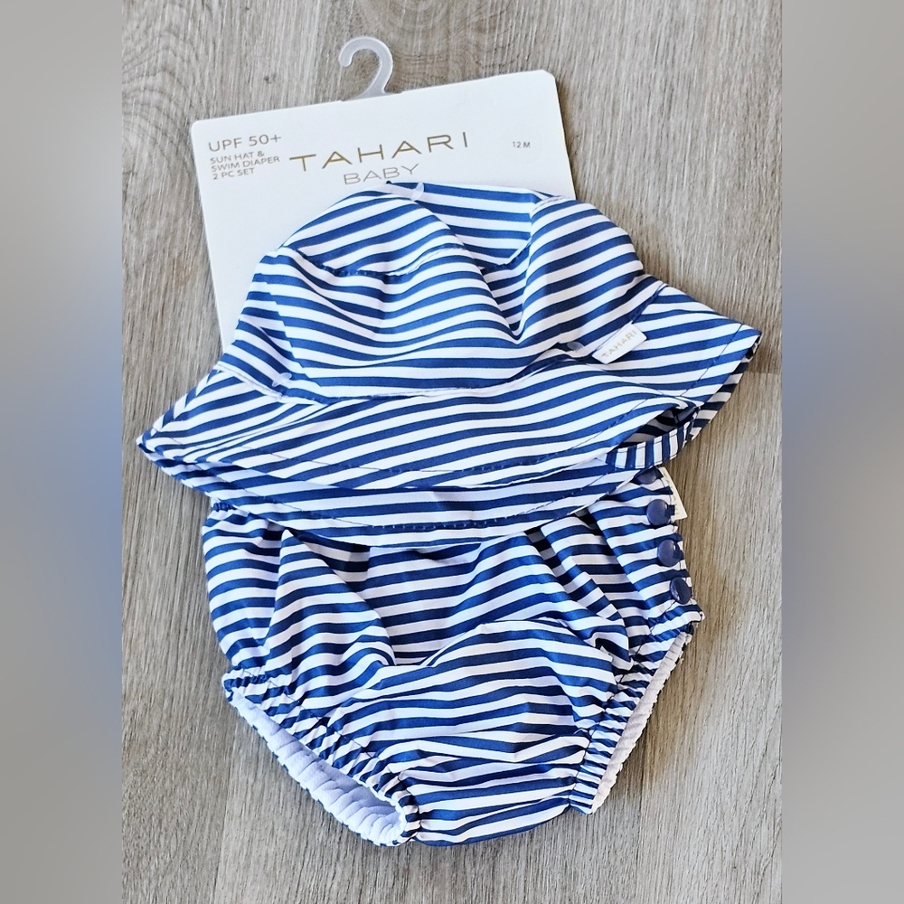 Tahari Baby Blue and White Striped Swim Hat & Diaper Cover Set